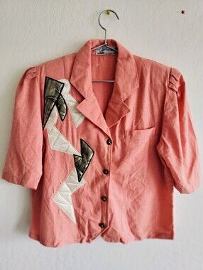 Vintage 80s/90s "New Trend" Coral Blazer Geometric Lightning Bolt Appliqué Med